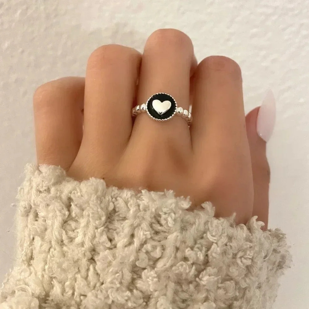 925 Sterling Silver Minimalist Black Heart Ring Dainty Heart Bead Ring